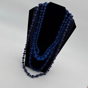 Vintage‎ Blue Beaded Multi-Strand Statement Necklace Set Cobalt Navy Layered
